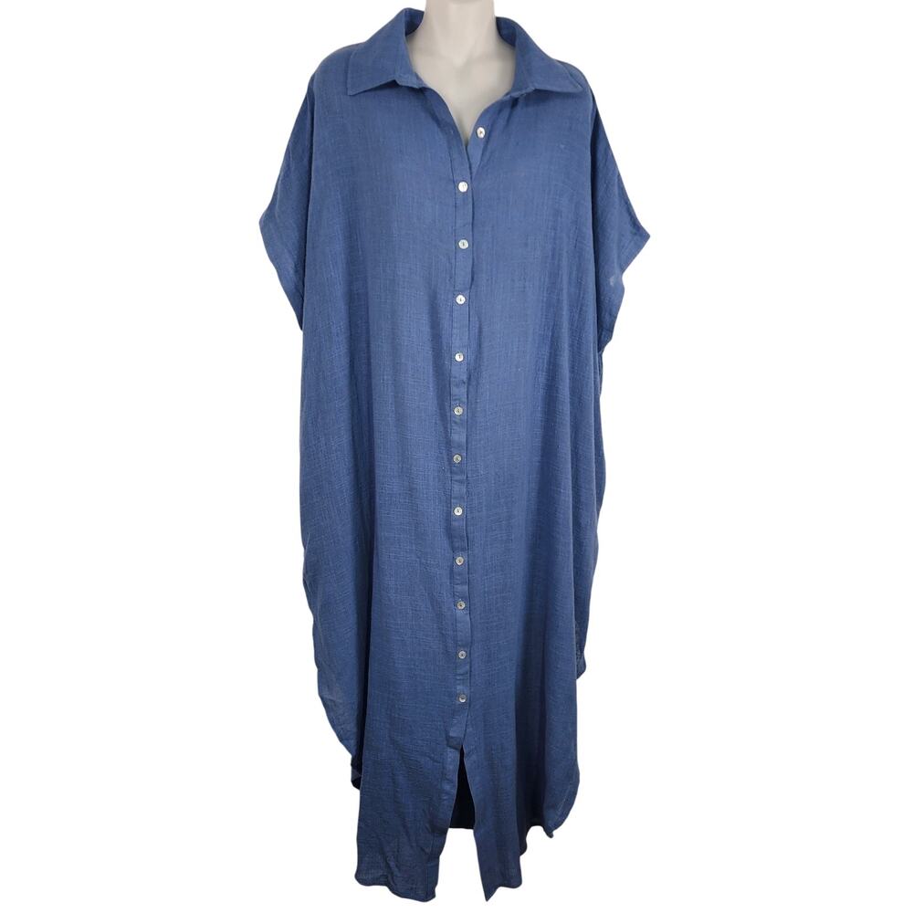 LaBiz Womens Maxi Shirt Dress L Blue Button Front Collar Short Cap Sleeve Beach